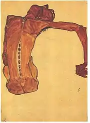 Dessin peint d'un tronc d'homme vu de dos, colonne vertébrale saillante, bras droit écarté du corps, plié à angle droit