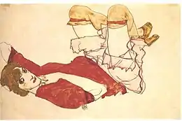 Dessin d'une femme allongée en blouse, culottes et bas, jambes repliées sur la poitrine