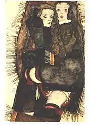 Peinture montrant en plongée et plan américain deux filles allongées, enlacées, regardant le spectateur