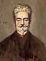 Portrait peint en buste de face d'un homme aux yeux clairs et aux cheveux, barbiche et moustache grisonnants
