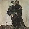 Peinture montrant deux hommes en robe sombre l'un derrière l'autre sur un fond clair, le second, barbu et plus âgé, comme accroché au premier