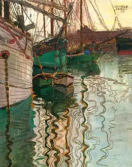 Peinture représentant des proues de bateaux avec mâts et cordages sur une eau aux reflets saccadés