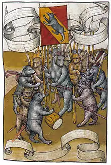 Les ours de Berne prennent les armes pour défendre la ville dans la Chronique de Spiez de Diebold Schilling, au XVe siècle.
