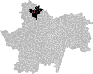 Carte des communes de Saône-et-Loire, présentant l'étendue du gisement de schiste bitumineux d'Autun en noir et la mine des Télots en rouge.