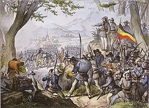 Tableau représentant les révolutionnaire, l'armée prussienne et Friedrich von Gagern abattu par un cavalier allemand.