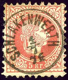 Timbre autrichien oblitéré « Schlackenwerth » en 1874.