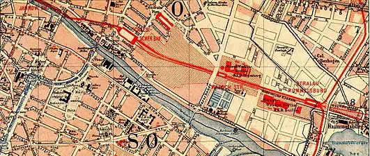 Plan du quartier en 1893 après la construction du Stadtbahn et la fermeture de la gare de l'Est.