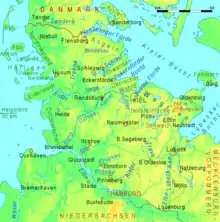 Carte de géographie physique du Schleswig-Holstein.