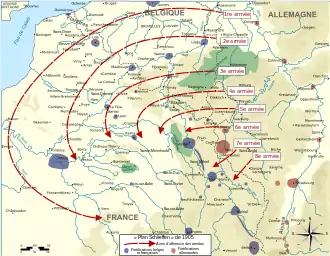 Carte surchargée avec des flèches représentant les armées allemandes passant par la Belgique pour foncer ensuite sur Paris.