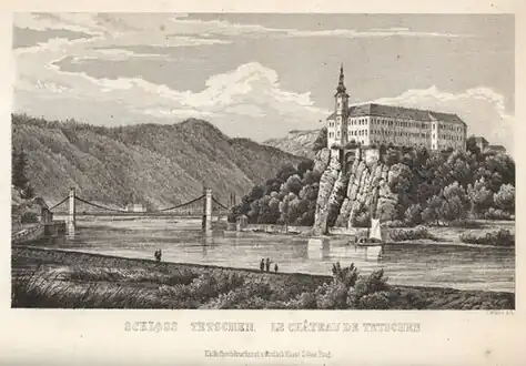 Le château et le pont sur l'Elbe vers 1855.