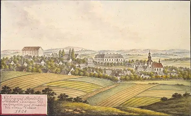 Suchdol et son château en 1824, peinture de Joann Venuto.