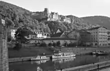 Photographie noir et blanc de Heidelberg avec vue sur le Neckar et le château.