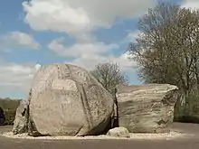 Photographie en couleurs d'un rocher formé lors d'une période glaciaire et reposant sur un socle.