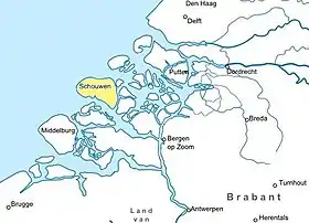 La Zélande, avec l'île Schouwen en jaune vers 1350.