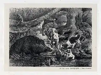 Scène de chasse au sanglier (vers 1840), lithographie, cabinet des estampes et des dessins de Strasbourg.