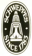 Logos de Schweppes (ancien et actuel) représentant la fontaine mise en place lors de l'exposition universelle de 1851 (à gauche, dessin de la véritable fontaine de 8 mètres).