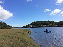 La ria du Scorff : vue vers l'aval depuis le "Pont Brûlé" : schorre au premier plan ; à l'arrière-plan les poudrières de Mentec (en Quéven) et au fond le pont du Sac'h (RN 165).