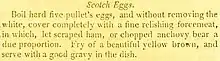 Recipe for scotch eggs, using five pullet eggs covered in forcemeat and fried until brown; served hot with gravy