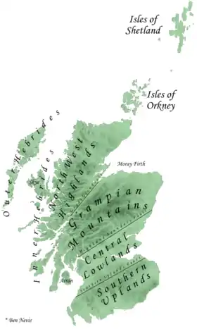 Les grandes régions naturelles d'Écosse. Les Southern Uplands sont au sud.
