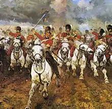 Charge des Scot Greys, unité dont les Royal Scots Dragoon Guards (Carabiniers and Grey's) actuels sont les héritiers, à la bataille de Waterloo.