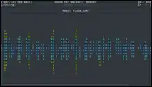 Capture d'écran de ncmpcpp, client pour mpd, montrant, dans l'écran de visualisation de la musique, la vue «sound wave filled». La musique s'intitule "Bound for Hacker's Heaven" de Steve Savitzky et est à deux minutes de lecture, sur deux minutes vingt-trois, à quatre-vingt-neuf kilobits par seconde.