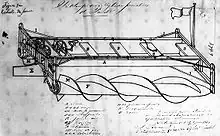 L'image représente un châssis de véhicule décrit comme un moyen de propulsion des barges par des vis sans fin. Le brevet a été déposé et délivré en 1874.