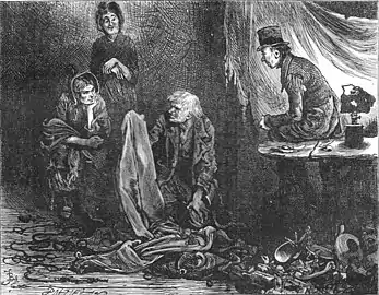 Femme de ménage et laveuse négociant les effets de Scrooge après son décès annoncé, par Fred Barnard.
