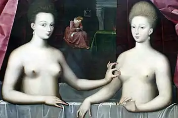 Portrait présumé de Gabrielle d'Estrées et de sa sœur la duchesse de Villars, anonyme (vers 1594, musée du Louvre).