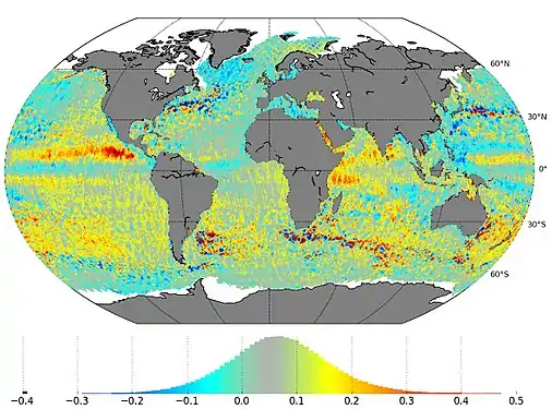 Variation du niveau des océans par rapport au niveau moyen au cours du mois de mars 2016.
