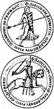 Deux dessins ronds montrant pour l'un un chevalier armé à pied et pour l'autre un chevalier armé à cheval.