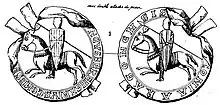 2 dessins ronds avec la légende autour montrant des chevaliers armés à cheval