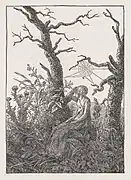 La femme à la toile d'araignée ou Melancholie, gravure sur bois d'après un dessin de 1803 de Caspar David Friedrich.