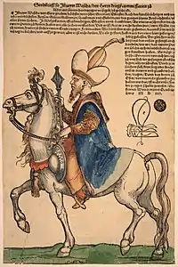 7. Pargali Ibrahim Pasha sur son cheval, vers 1530, illustration, xylographie coloriée, Museum Boijmans van Beuningen, Rotterdam.