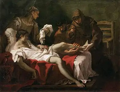 Antoine de Padoue guérissant un jeune hommequi s'était amputé le pied pour se punir d'avoir frappé sa mèrev. 1690, Sebastiano Ricci