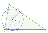 Deuxième cercle de Lemoine du triangle ABC. Le point de Lemoine K, le centre du cercle inscrit I, le centre de gravité G et les lignes passant par K antiparallèles aux côtés sont également représentés.