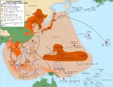 Carte de l'Asie et du Pacifique, montrant l'avancée des troupes japonaises. Wallis-et-Futuna sont tout près de cette zone.