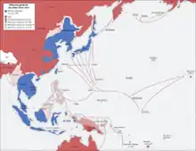 Carte couleur détaillant l'avancée des Alliés dans le Pacifique.