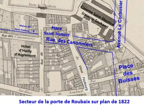 Secteur de la Porte de Roubaix en 1822 avec indication des voies actuelles