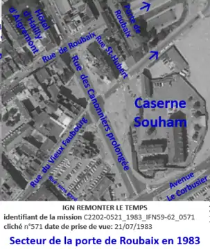 1983. Rue des canonniers prolongée. Secteur des Élites démoli sauf 2 ilots devant la rue Saint-Hubert et à l'extrémité de la rue du Vieux-Faubourg