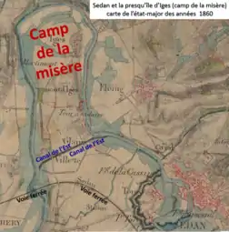 Sedan et le camp de la misère sur carte contemporaine du désastre de 1870.