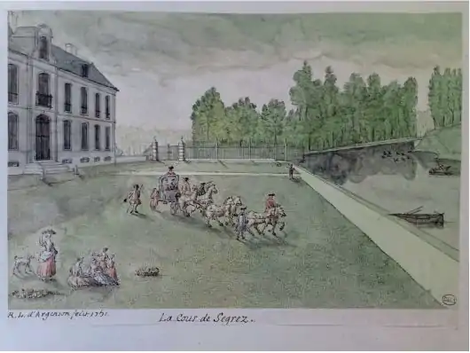 Aquarelle réalisée par le marquis d'Argenson en 1751 et conservée à la bibliothèque de l'Arsenal. La cour du château de Segrez