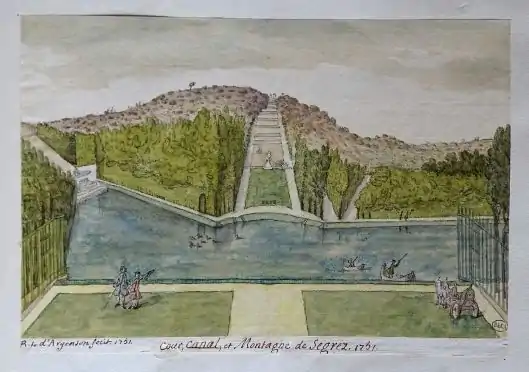 Aquarelle réalisée par le marquis d'Argenson en 1751 et conservée à la bibliothèque de l'Arsenal. La montagne de Segrez vue depuis la cour d'honneur du château.