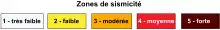 Légende de la carte des risques sismiques du département de la Loire-Atlantique. Blanc = très faible ; jaune = faible ; orange = modérée : rouge = moyenne ; noir = forte