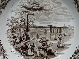 Le Menai Bridge représenté sur un plat de grès du Staffordshire, vers 1840 (Coll. J L Runeberg)