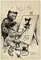 Autoportrait, 1904. Un ours noir se penche avec bienveillance sur l'artiste qui dessine le teddy bear.