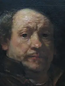 Peinture en couleurs. Gros plan sur le visage d'un homme âgé : on distingue les cheveux gris et les rides, mais un regard vig.