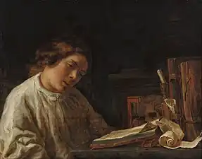 Autoportrait à l'âge de dix-sept ans, avec nature morte, de Samuel van Hoogstraten (1644, musée Boijmans Van Beuningen). Si la composition et le sujet n'ont rien à voir avec l'œuvre de Rembrandt, « la douceur du coloris et la virtuosité du pinceau trahissent l'influence du maître ».