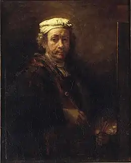 Peinture en couleurs. Un homme est de trois-quart face, un pinceau à la main devant un chevalet. La lumière éclaire davantage sa tête.