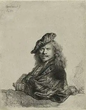 Rembrandt appuyé, eau-forte, 1639, aussi inspiré des peintures de Raphaël et Titien.