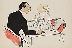 Dessin en couleur sur fond clair représentant à une table de restaurant un homme en smoking et une femme en robe du soir